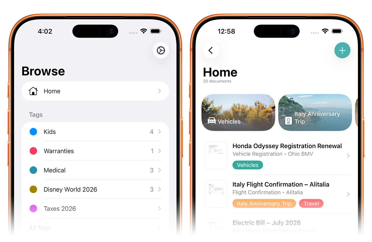 Organize screen — tags and categories